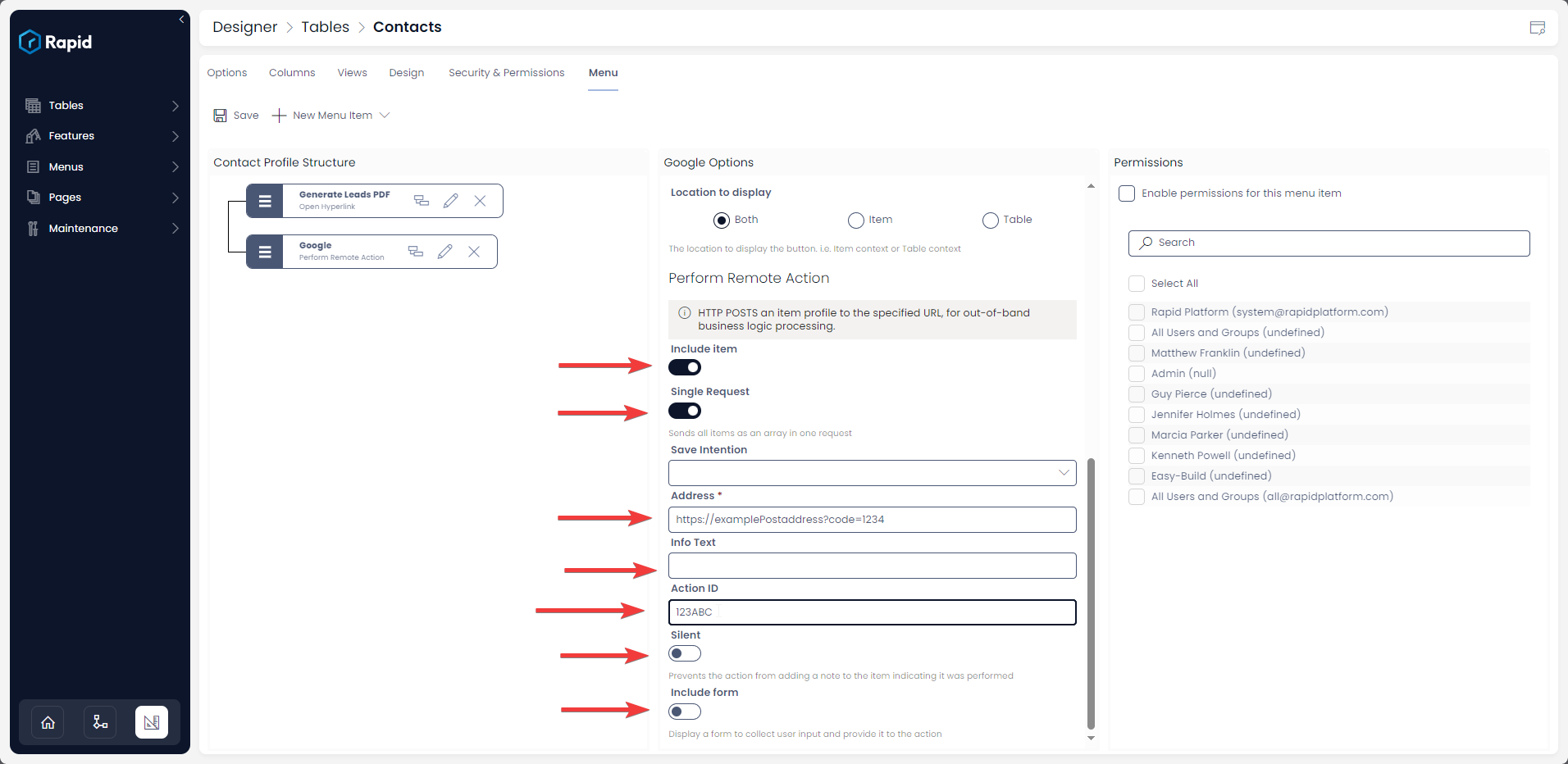 Configure remote action fields